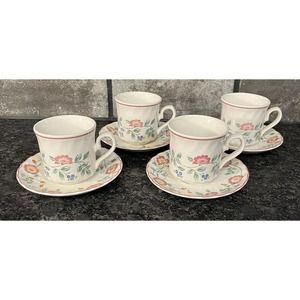 Vintage Churchill Staffordshire Briar Rose (4) Cup & Saucer Sets Pink Trim